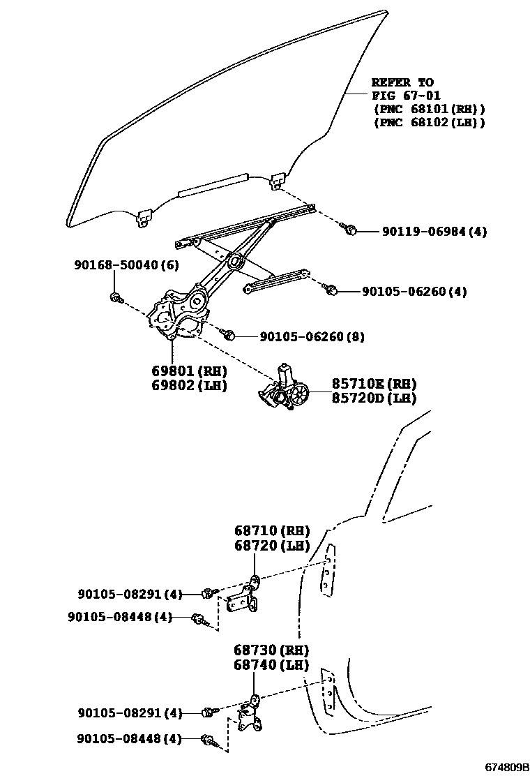 Toyota COROLLA 前门车窗升降器和合页 EPC diagram — 674809B