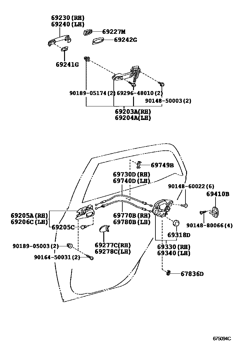Toyota COROLLA 后门锁和后门把手 EPC diagram — 675094C