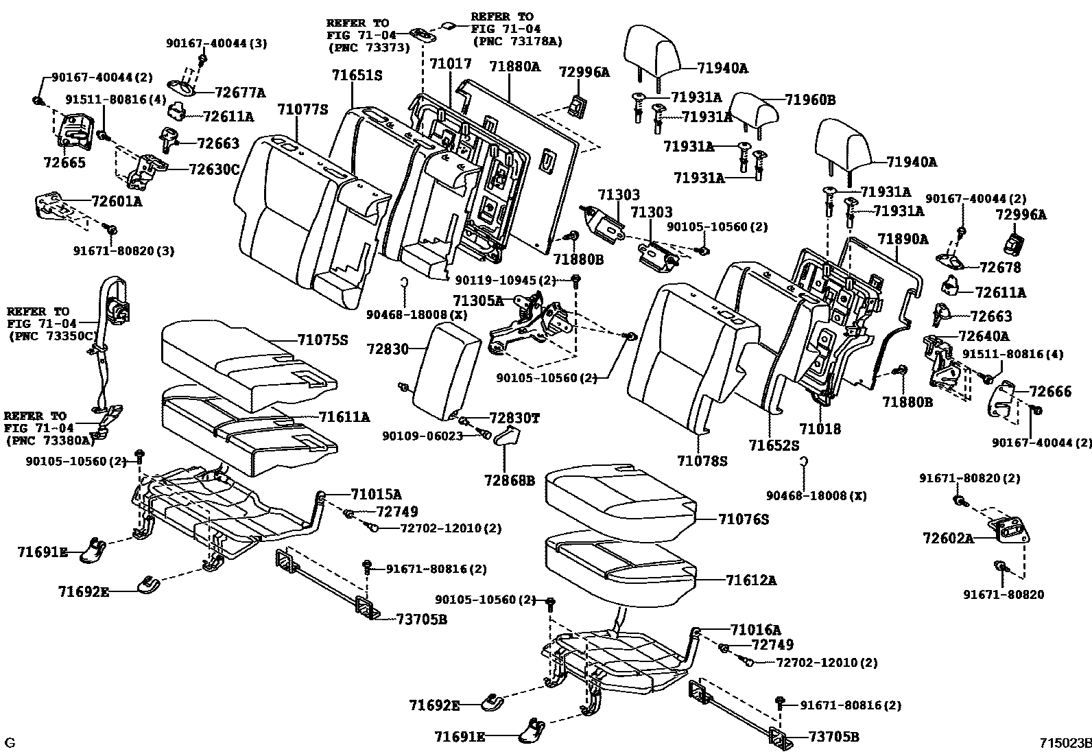 Toyota COROLLA 后排座椅和座椅滑轨 EPC diagram — 715023B