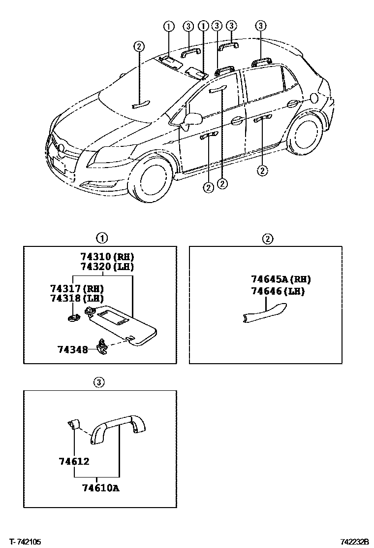 Toyota COROLLA 扶手和遮阳板 EPC diagram — 742232B