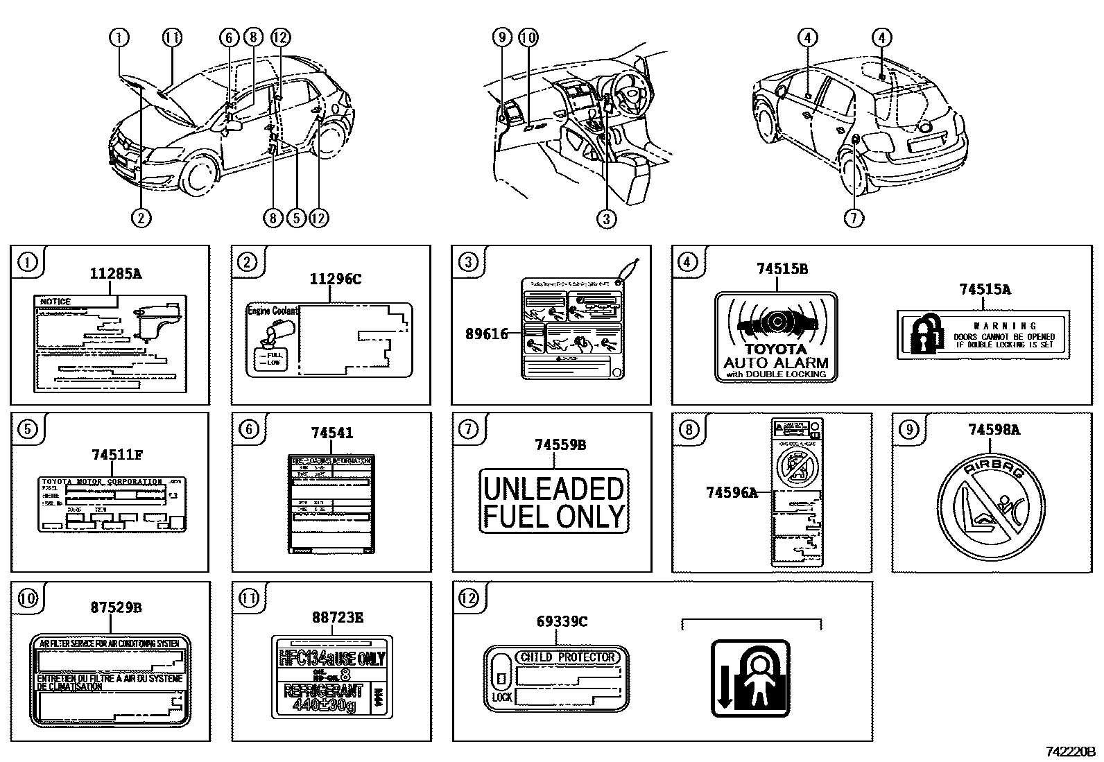 Toyota COROLLA 警示铭牌(车外和车内) EPC diagram — 742220B