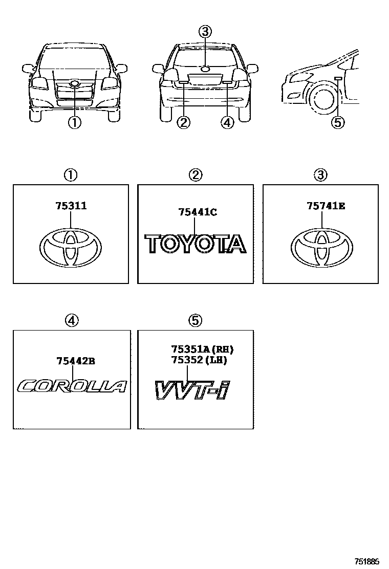 Toyota COROLLA 丰田徽标和铭牌(车外和车内) EPC diagram — 751885