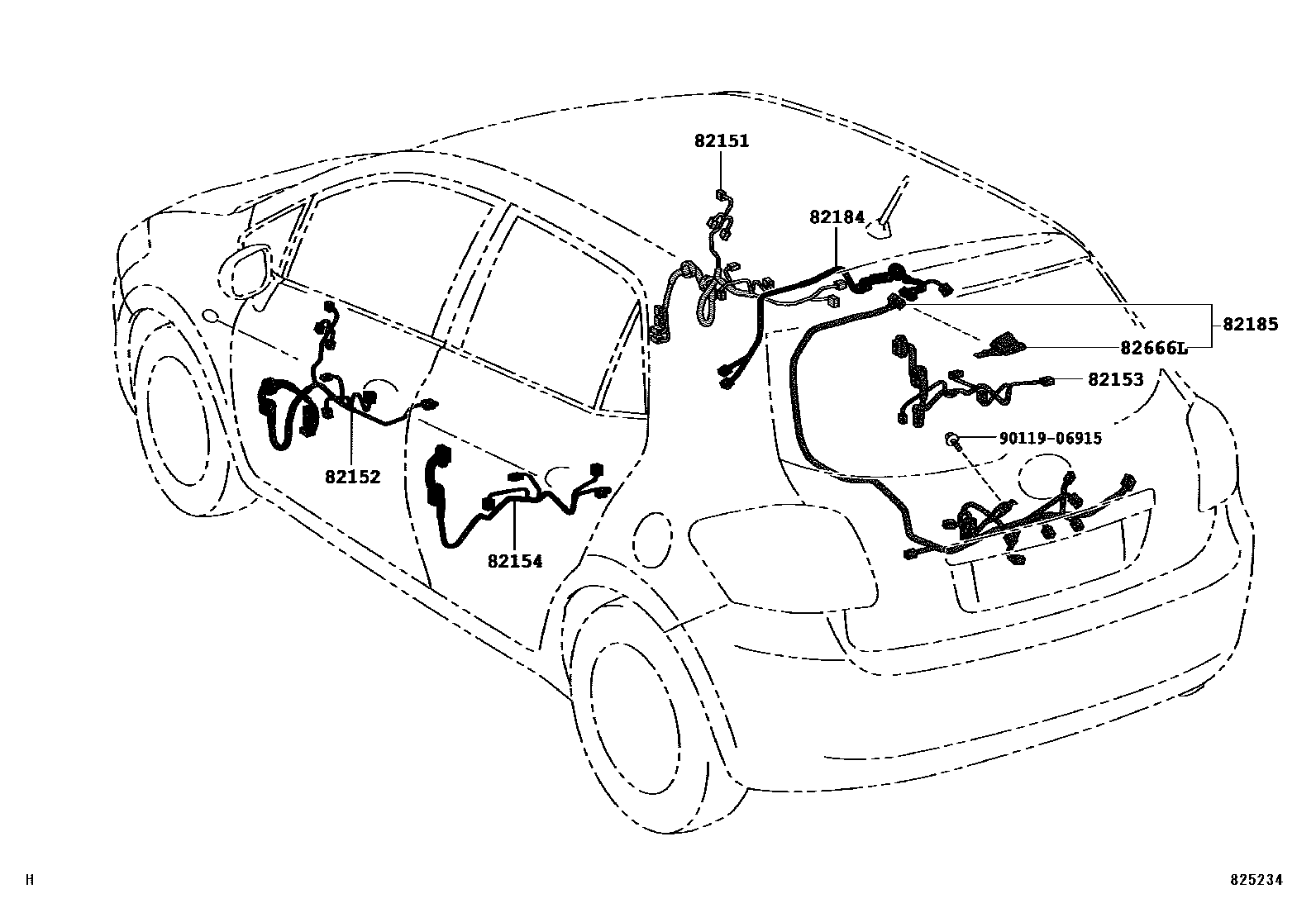 Toyota COROLLA 线束和卡夹 EPC diagram — 825234
