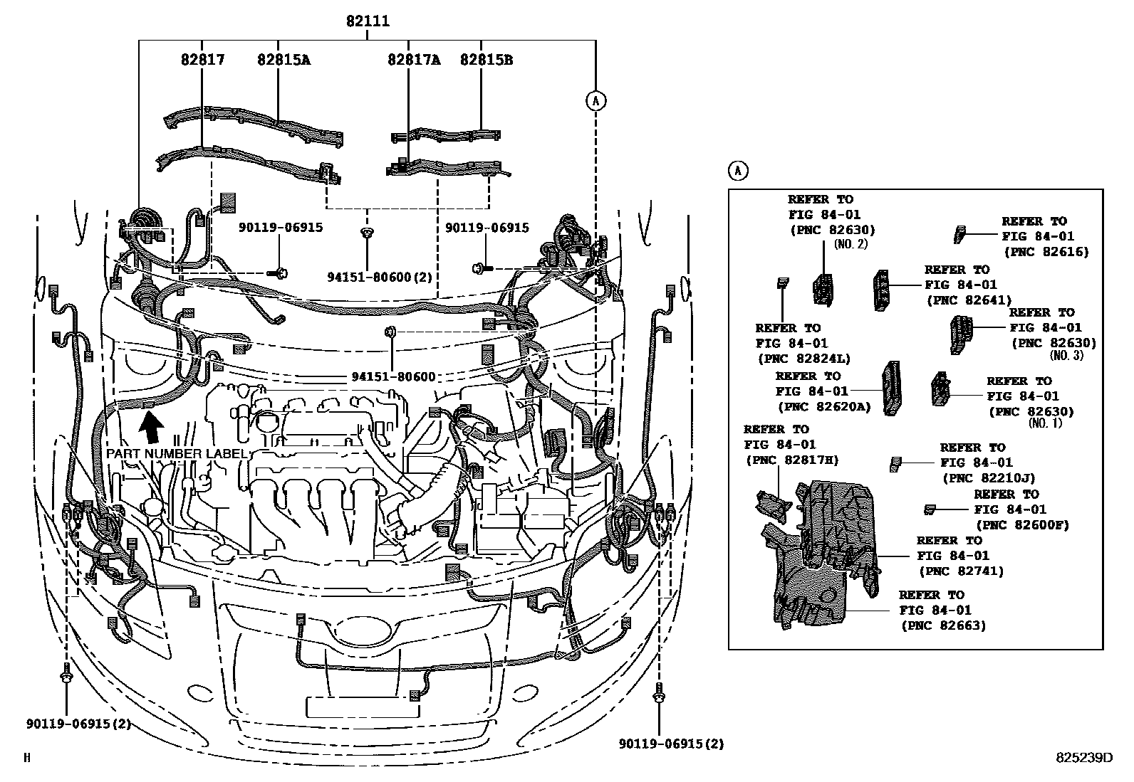 Toyota COROLLA 线束和卡夹 EPC diagram — 825239D