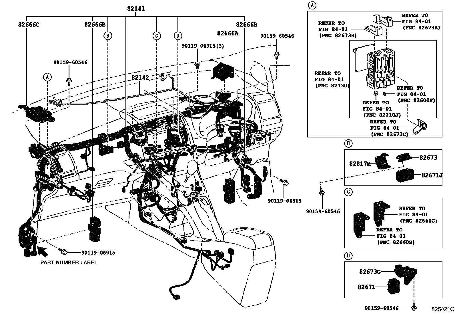 Toyota COROLLA 线束和卡夹 EPC diagram — 825421C