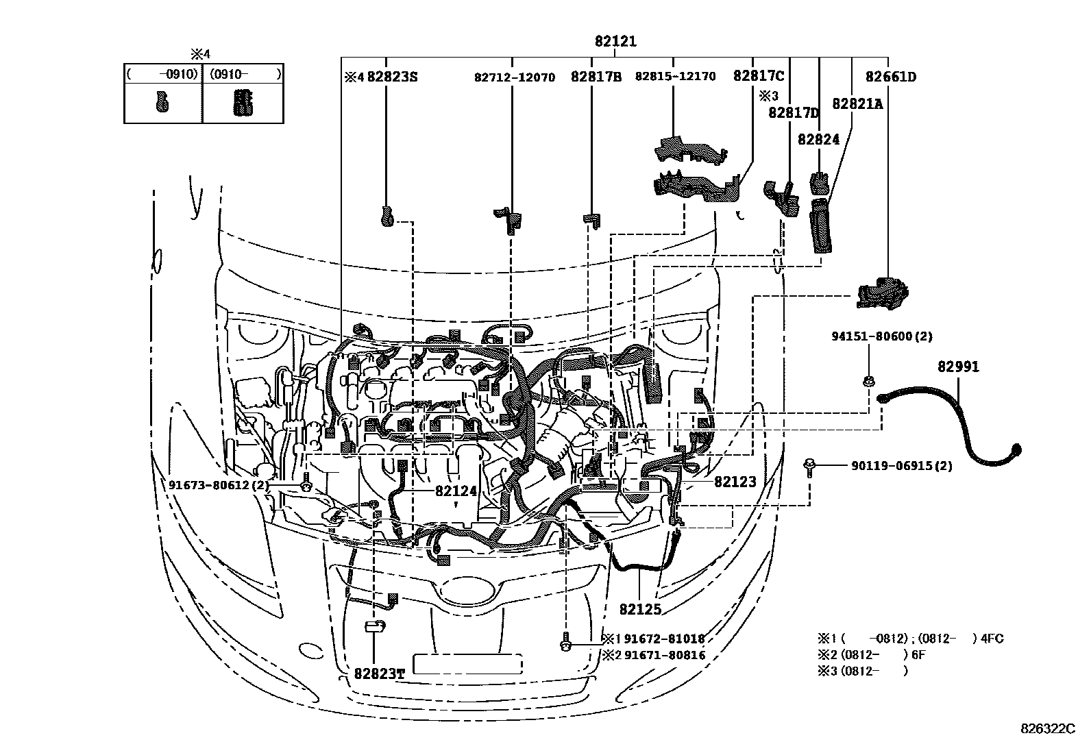 Toyota COROLLA 线束和卡夹 EPC diagram — 826322C