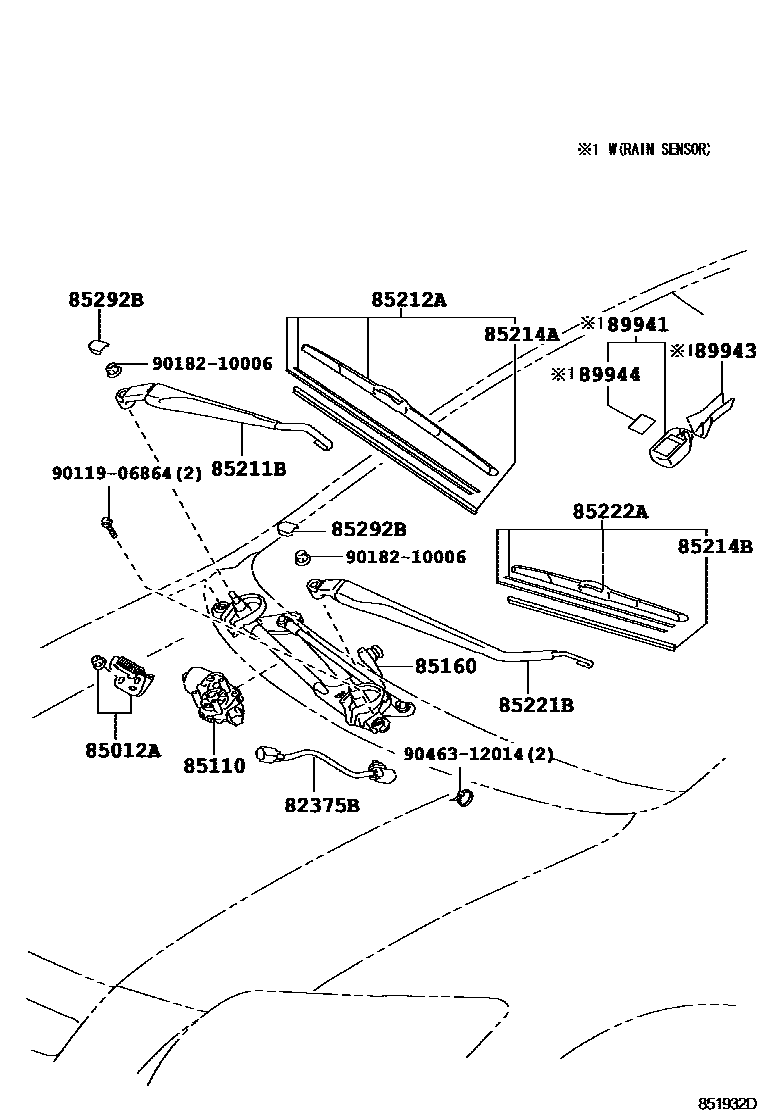Toyota COROLLA 挡风玻璃刮水器 EPC diagram — 851932D