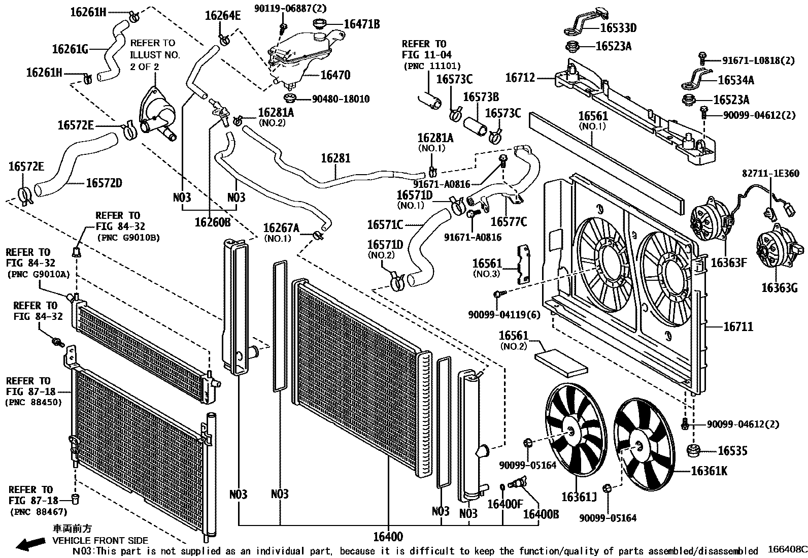 Toyota COROLLA RADIATOR & WATER OUTLET EPC diagram — 166408C