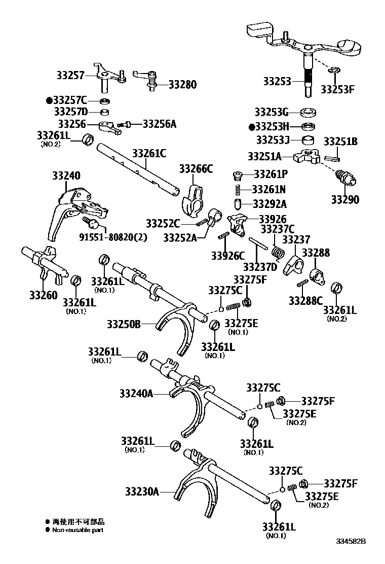 Toyota COROLLA 换档拨叉和换档杆轴(MTM) EPC diagram — 334582B
