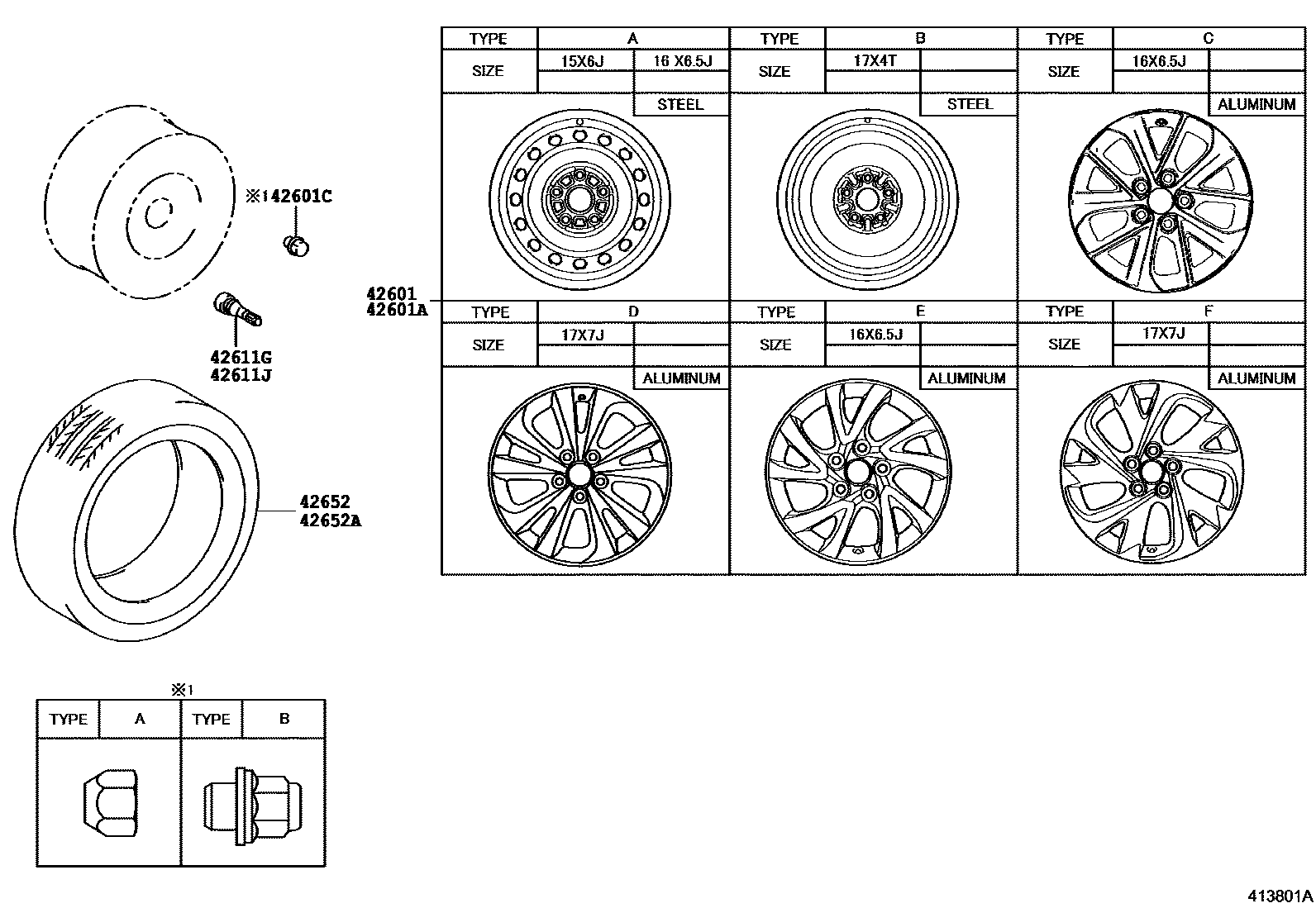 Toyota COROLLA 车轮和车轮盖 EPC diagram — 413801A