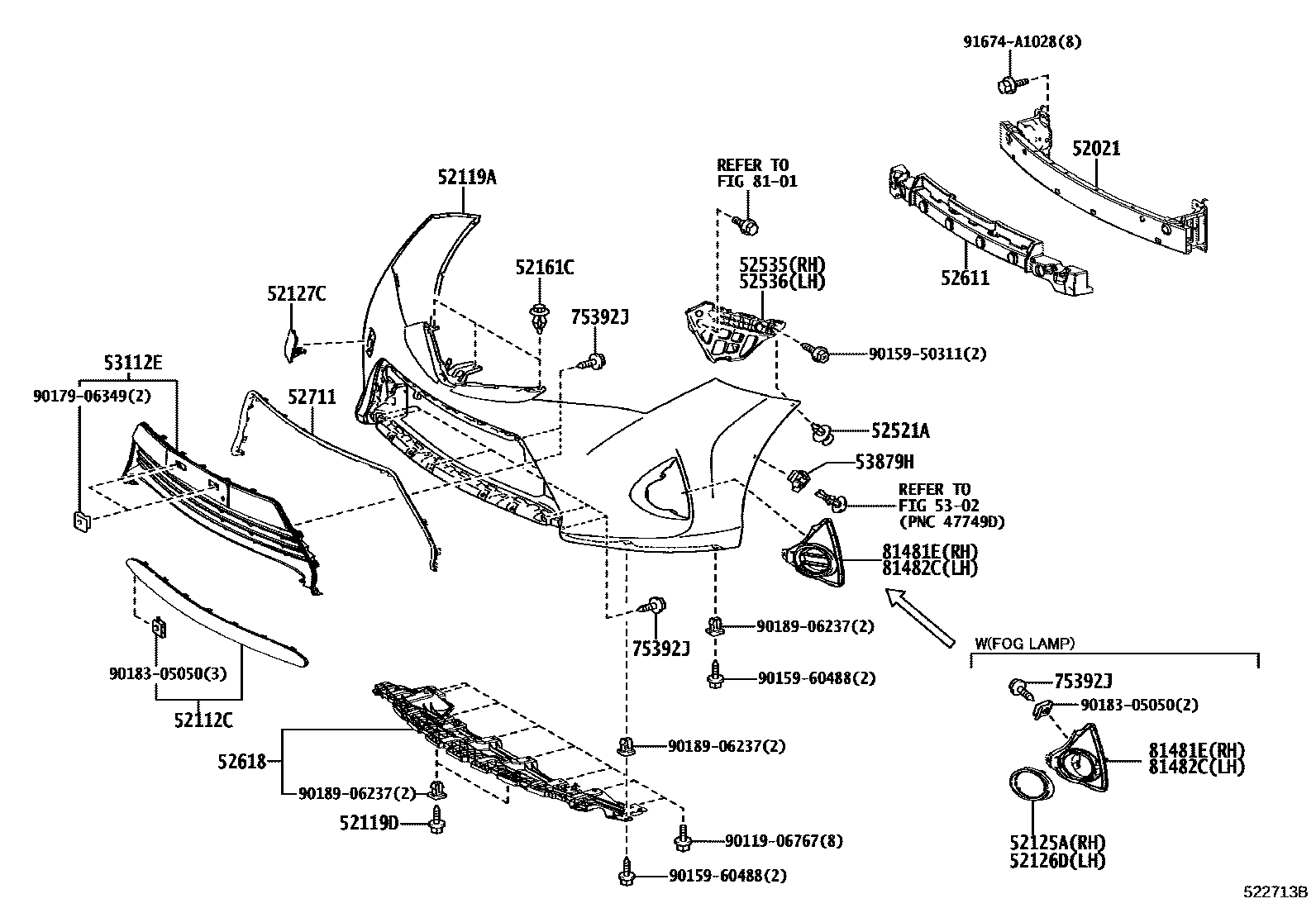 Toyota COROLLA 前保险杠及附件 EPC diagram — 522713B