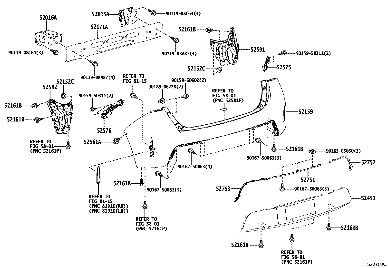 Toyota COROLLA 后保险杠及附件 EPC diagram — 522702C