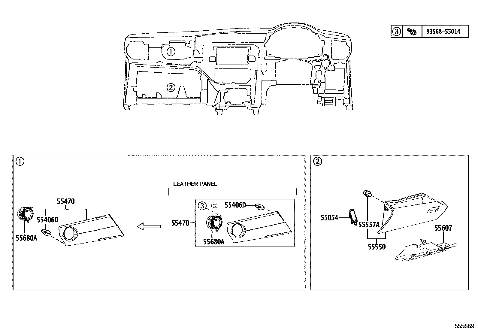 Toyota COROLLA 仪表板和手套箱 EPC diagram — 555869
