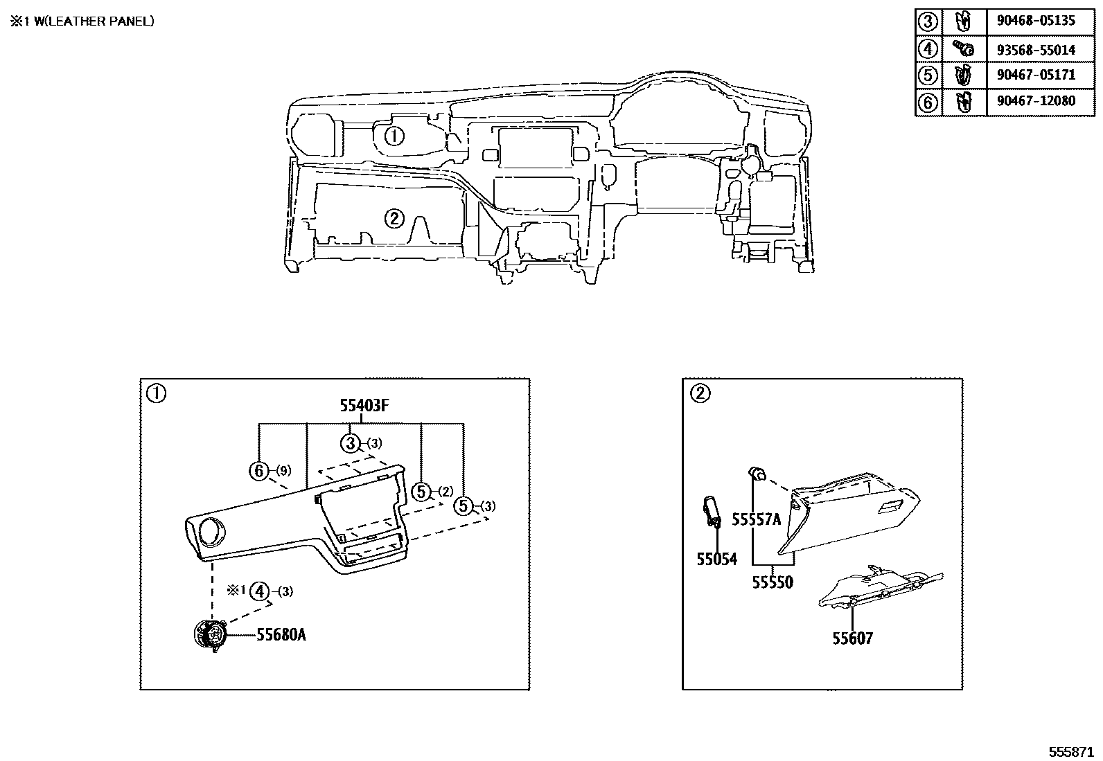 Toyota COROLLA 仪表板和手套箱 EPC diagram — 555871