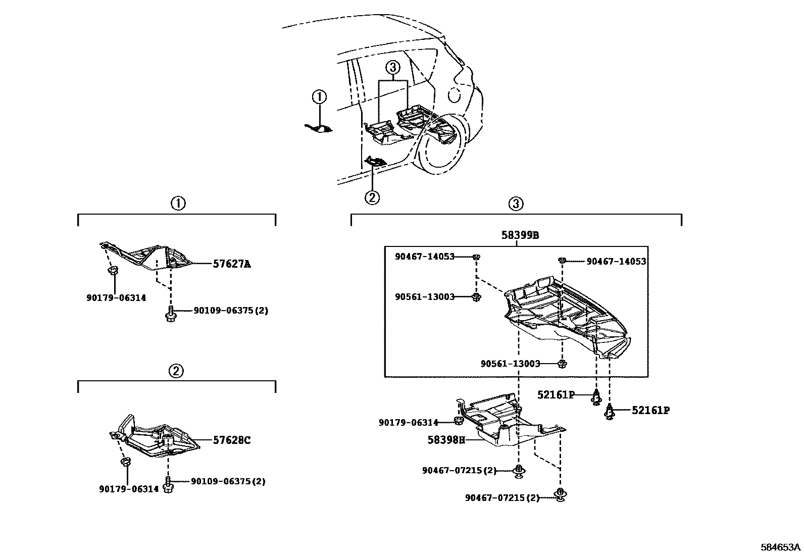 Toyota COROLLA 浅盘形地板和车身下背板 EPC diagram — 584653A
