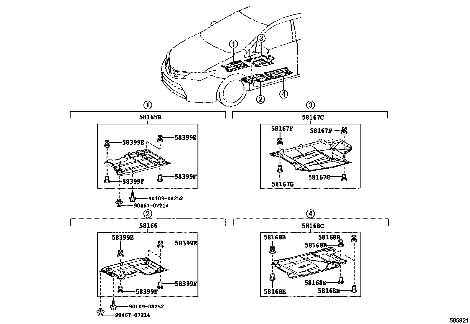 Toyota COROLLA 浅盘形地板和车身下背板 EPC diagram — 585921