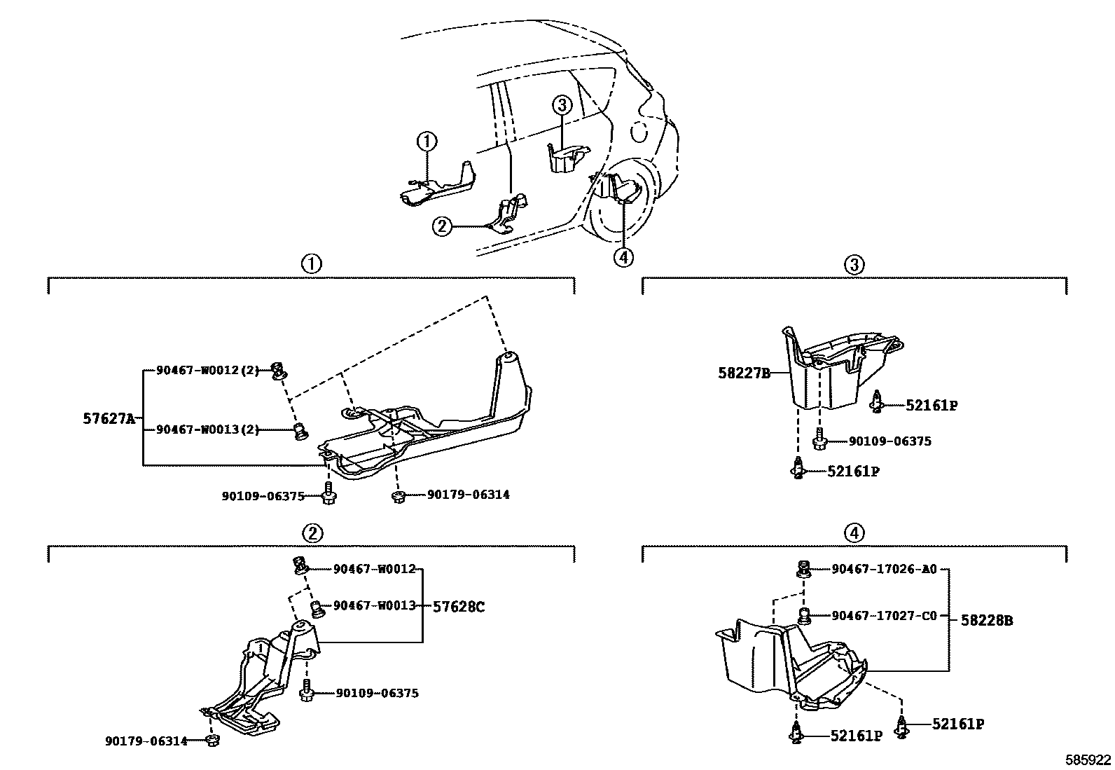 Toyota COROLLA 浅盘形地板和车身下背板 EPC diagram — 585922