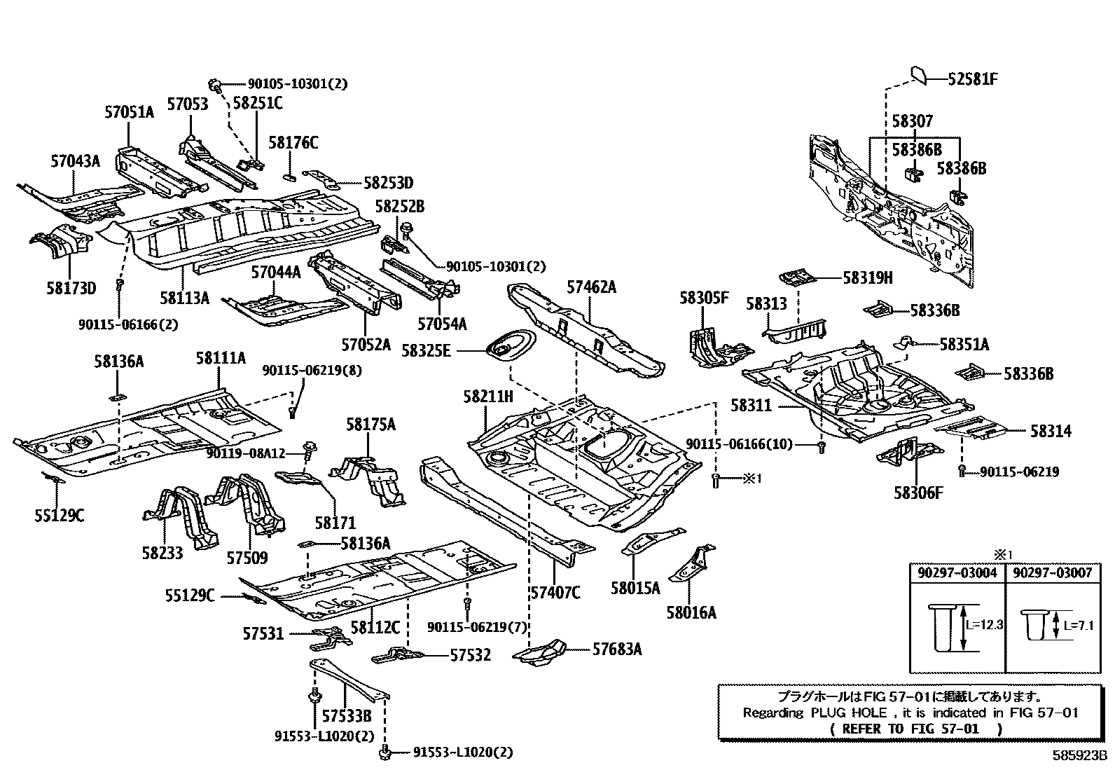 Toyota COROLLA 浅盘形地板和车身下背板 EPC diagram — 585923B
