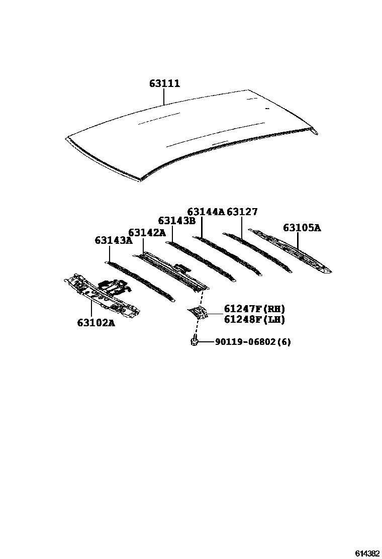 Toyota COROLLA 天窗板和背窗玻璃 EPC diagram — 614382