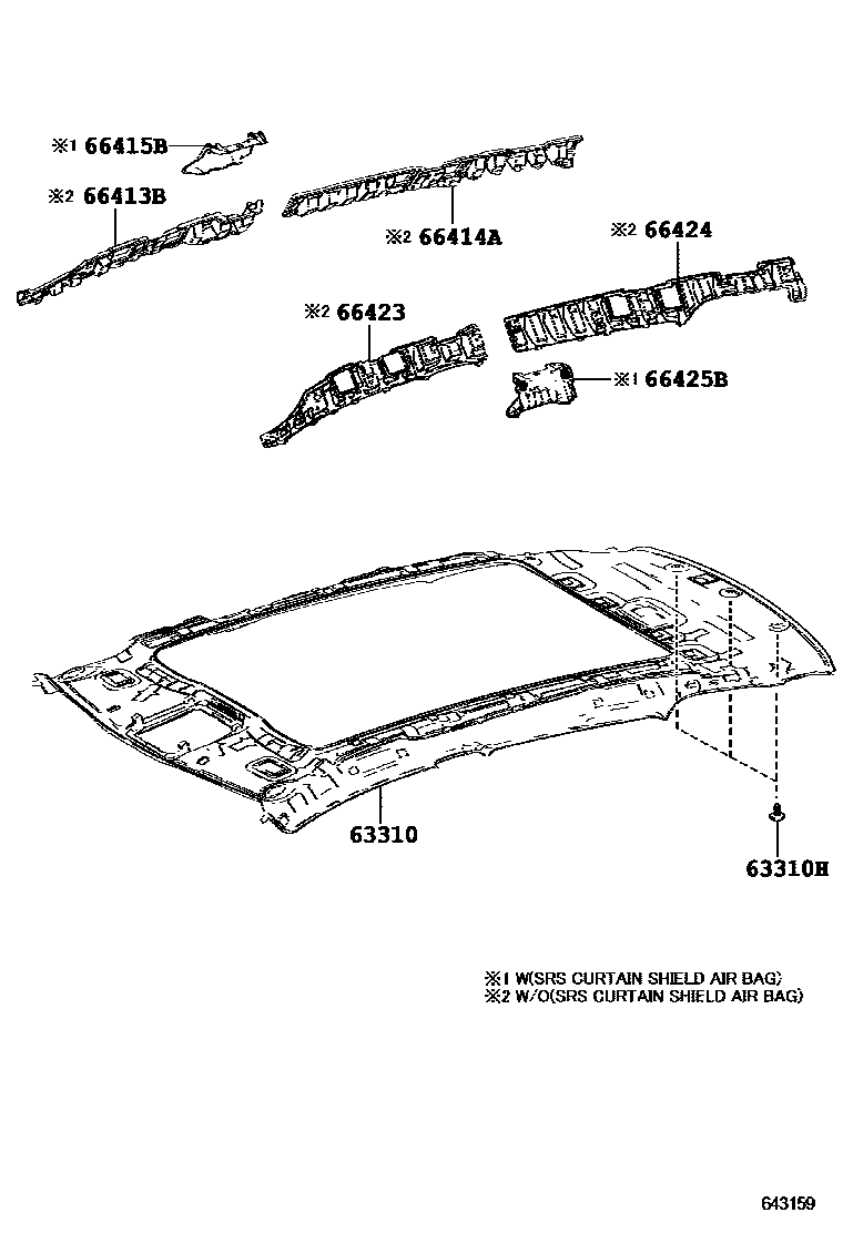 Toyota COROLLA 车顶内衬和消声垫 EPC diagram — 643159