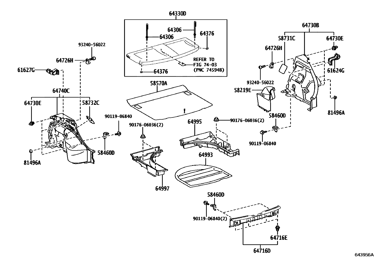Toyota COROLLA 底板和底板装饰罩 EPC diagram — 643956A