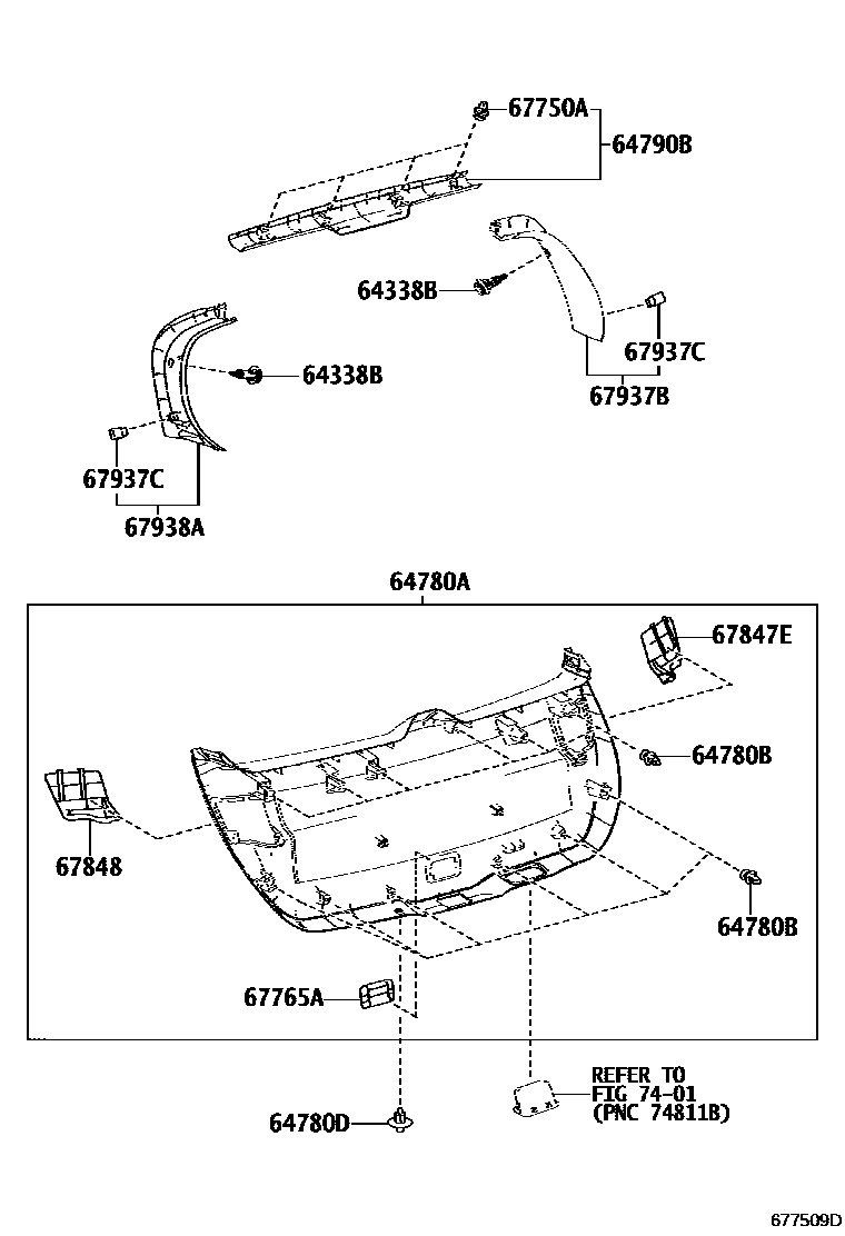 Toyota COROLLA 背门板和背门玻璃 EPC diagram — 677509D
