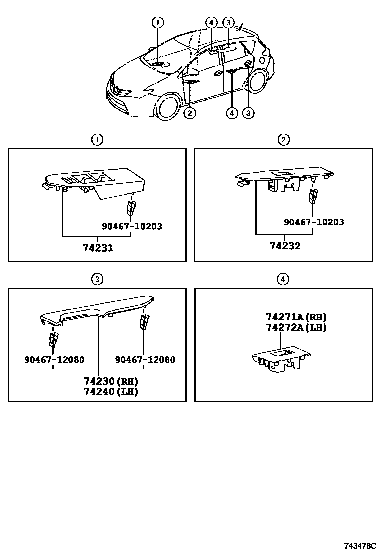 Toyota COROLLA 扶手和遮阳板 EPC diagram — 743478C
