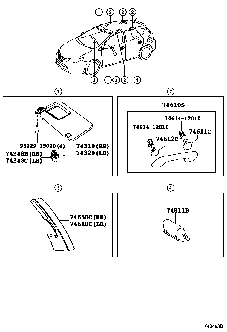 Toyota COROLLA 扶手和遮阳板 EPC diagram — 743493B