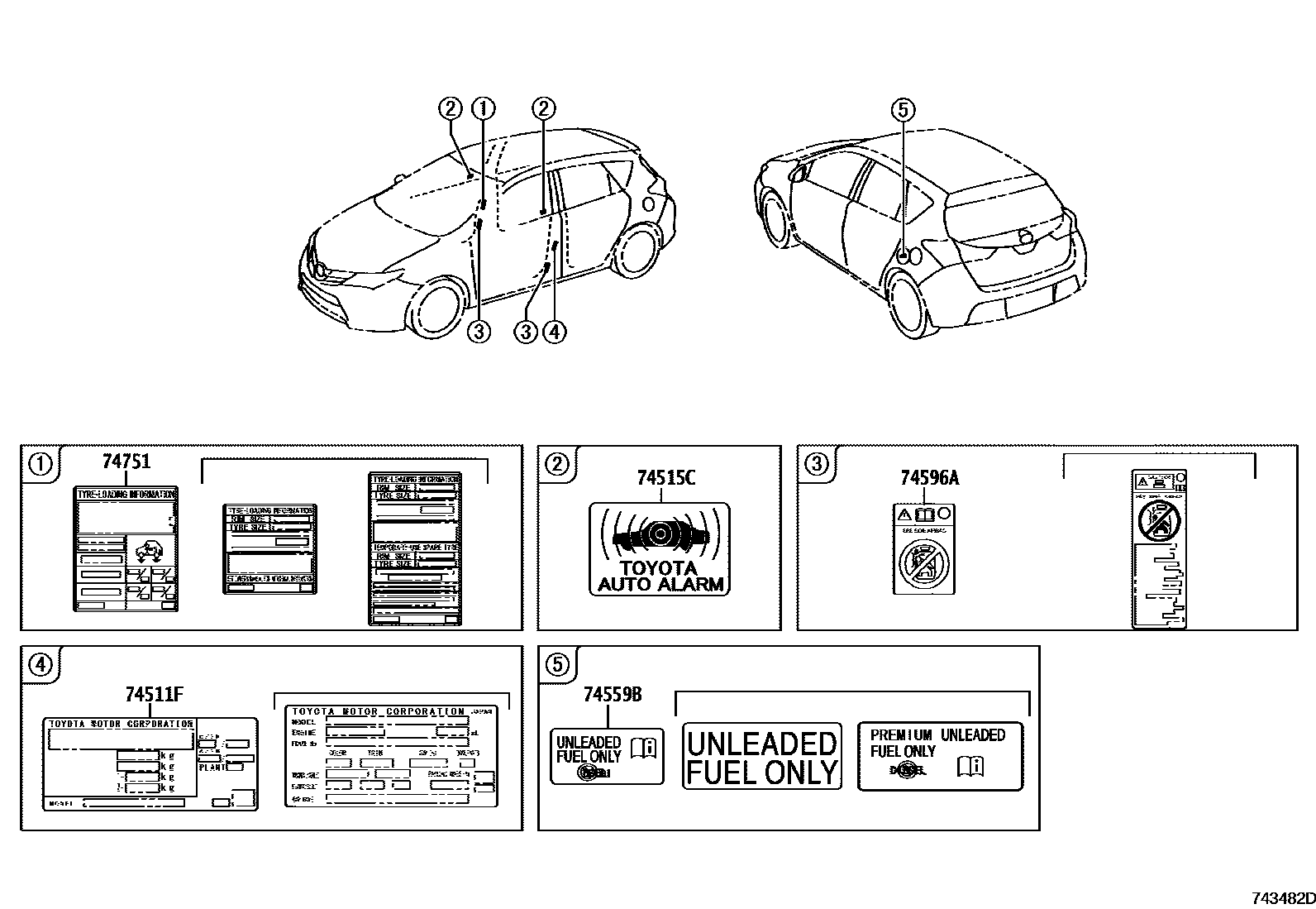 Toyota COROLLA 警示铭牌(车外和车内) EPC diagram — 743482D