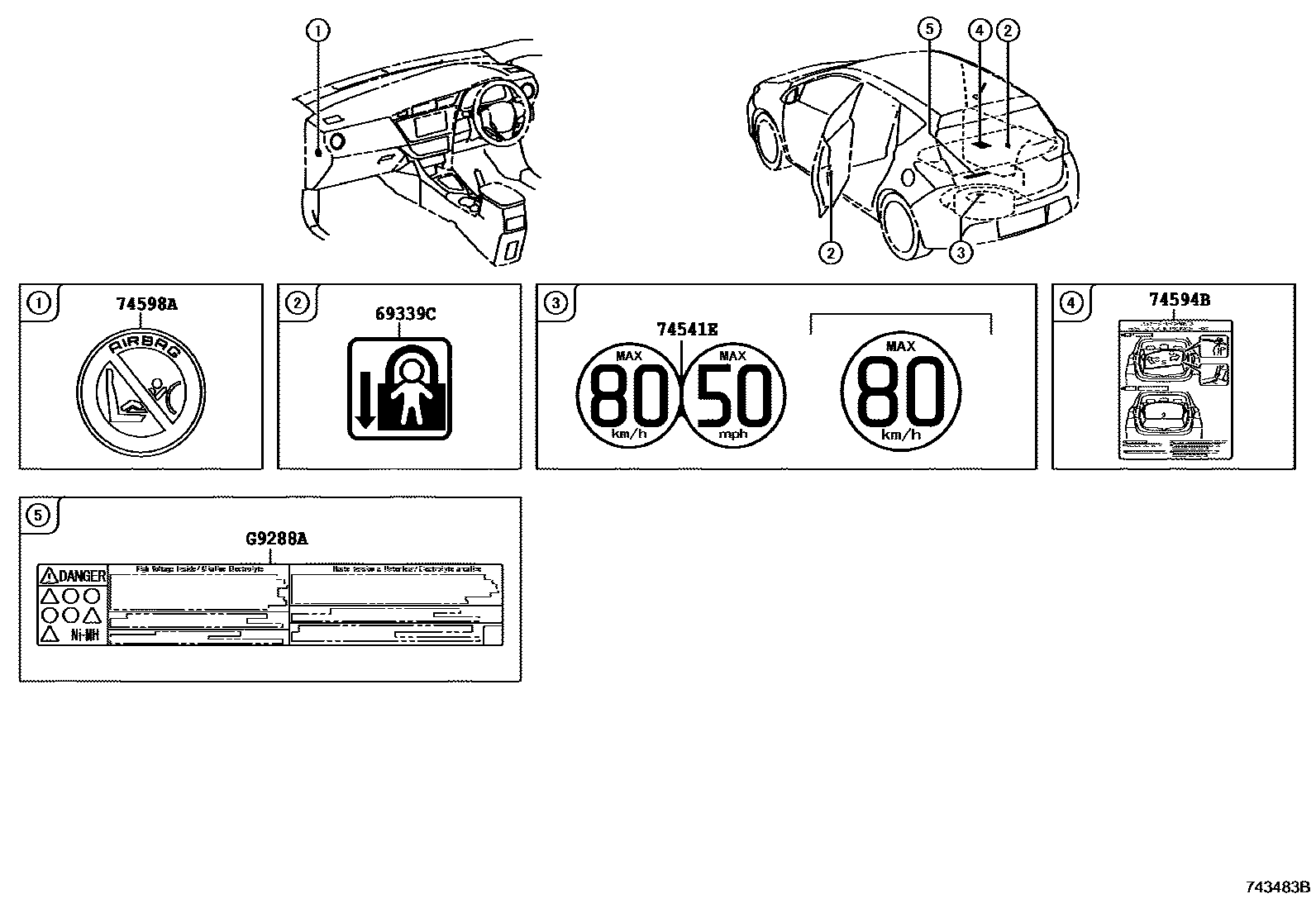 Toyota COROLLA 警示铭牌(车外和车内) EPC diagram — 743483C