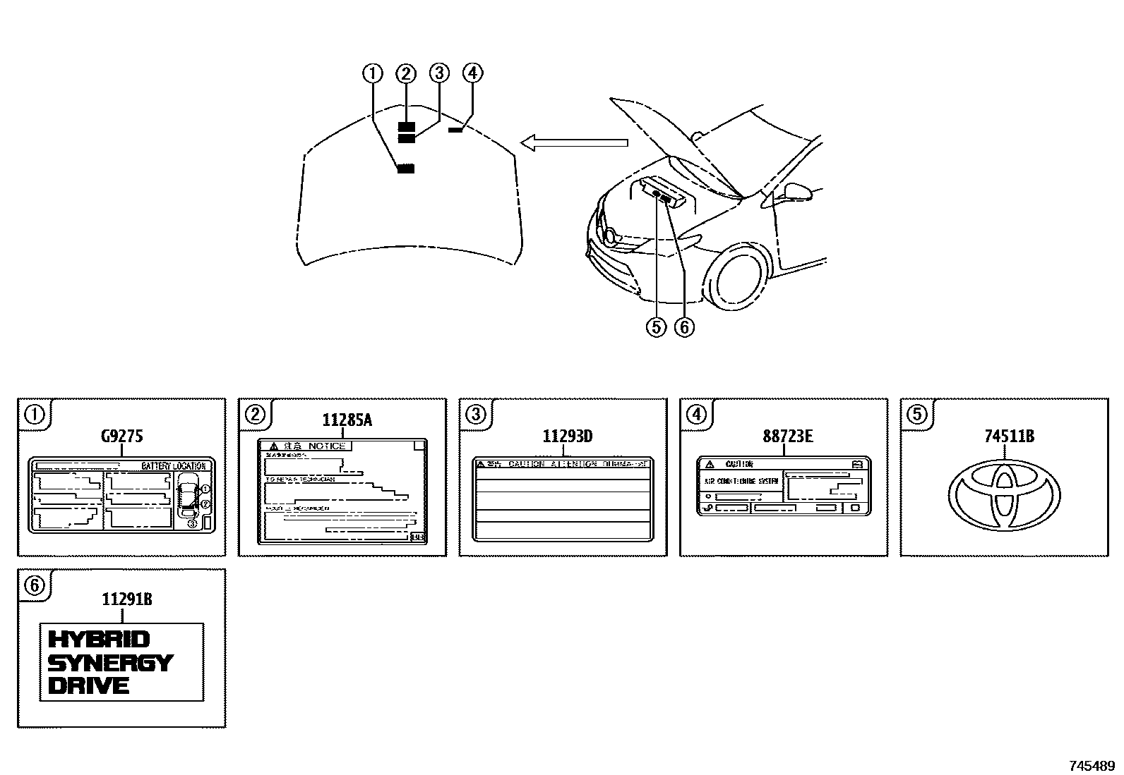 Toyota COROLLA 警示铭牌(车外和车内) EPC diagram — 745489