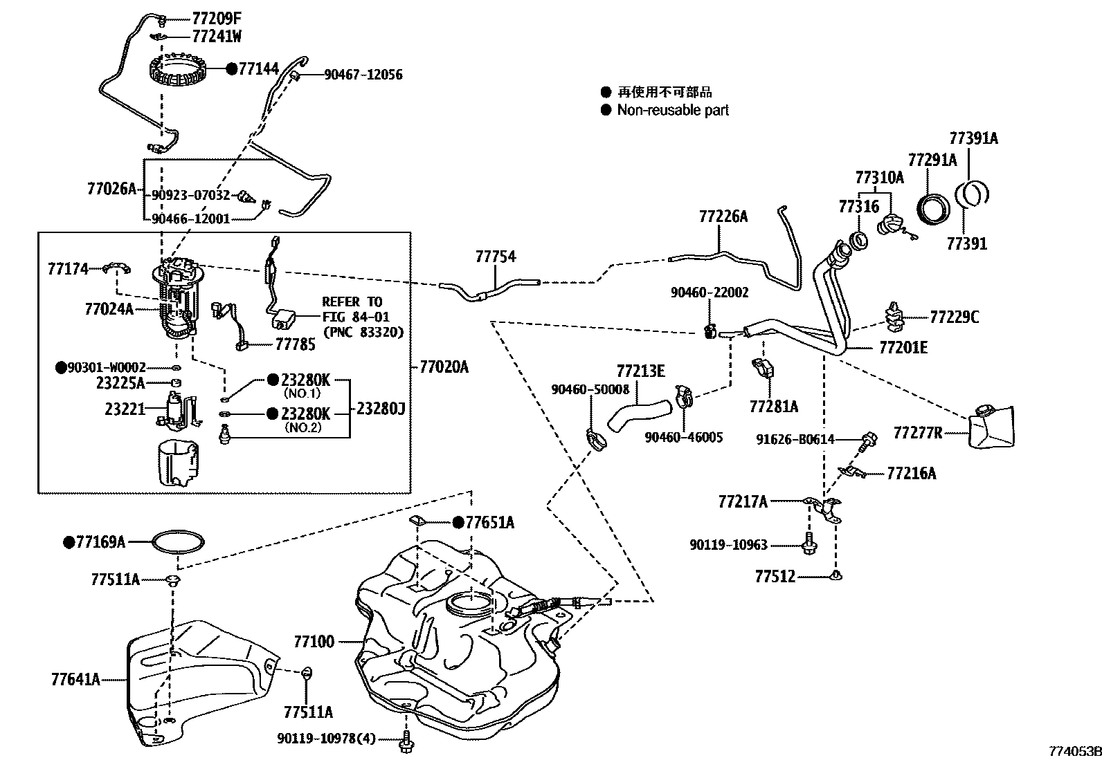 Toyota COROLLA 燃油箱和燃油管 EPC diagram — 774053B