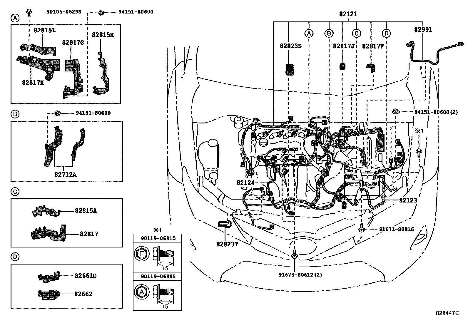Toyota COROLLA 线束和卡夹 EPC diagram — 828447E