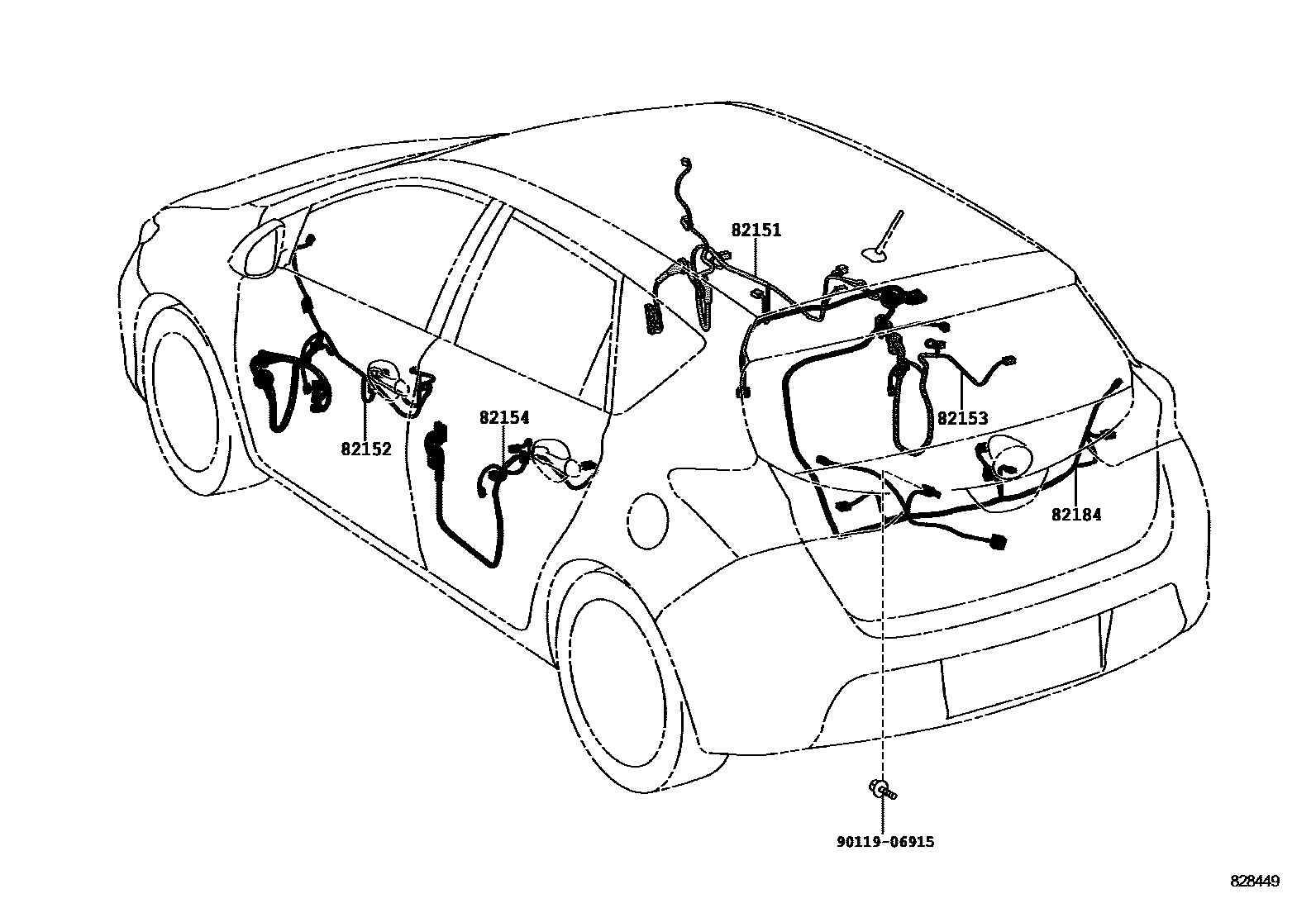 Toyota COROLLA 线束和卡夹 EPC diagram — 828449