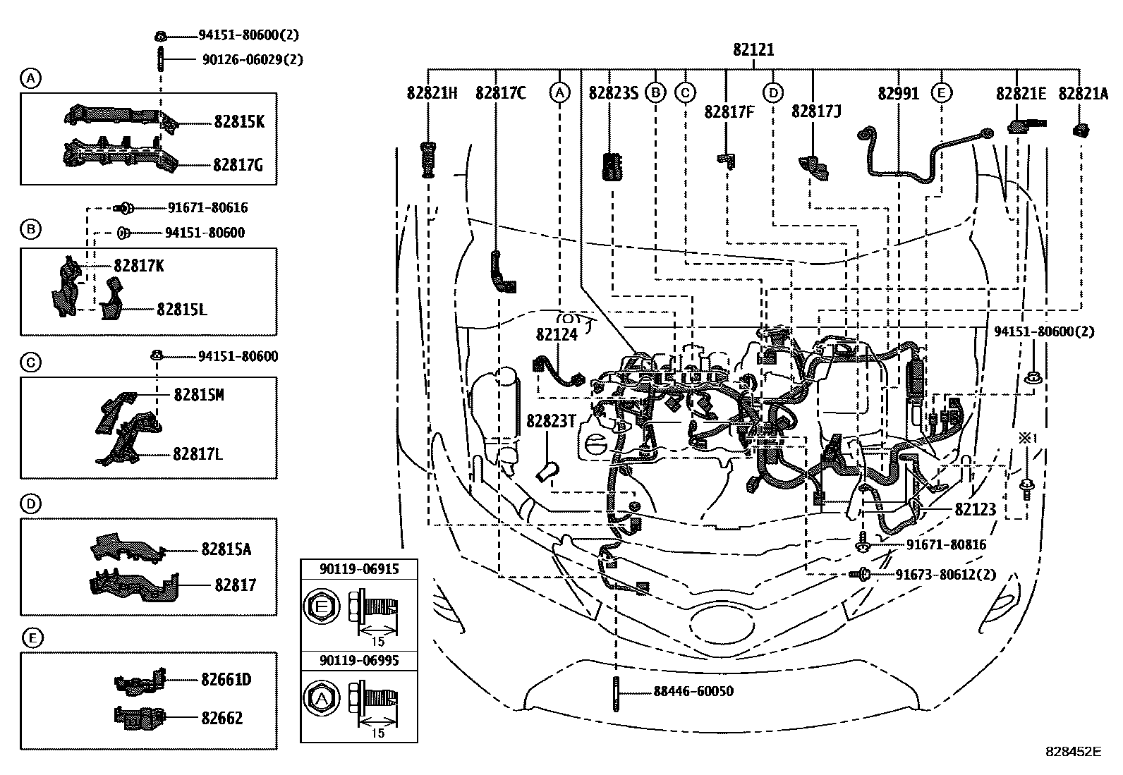 Toyota COROLLA 线束和卡夹 EPC diagram — 828452E