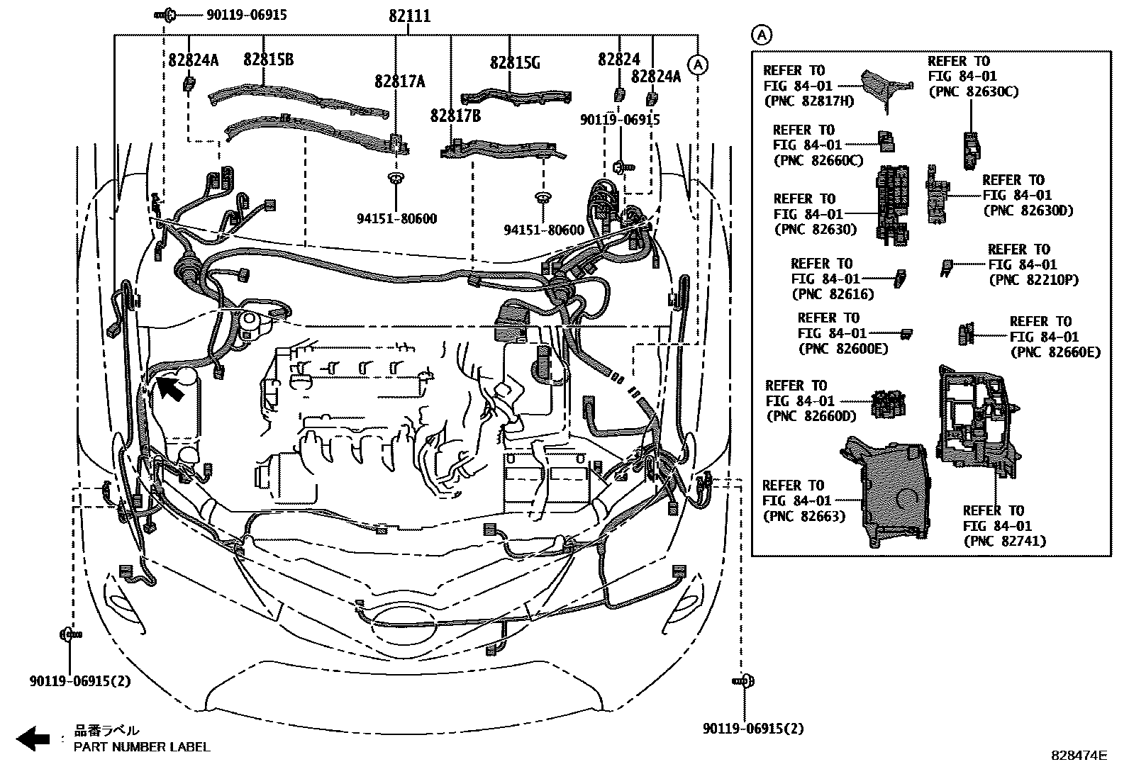 Toyota COROLLA 线束和卡夹 EPC diagram — 828474E