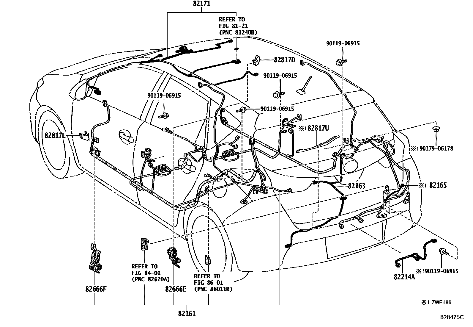 Toyota COROLLA 线束和卡夹 EPC diagram — 828475C