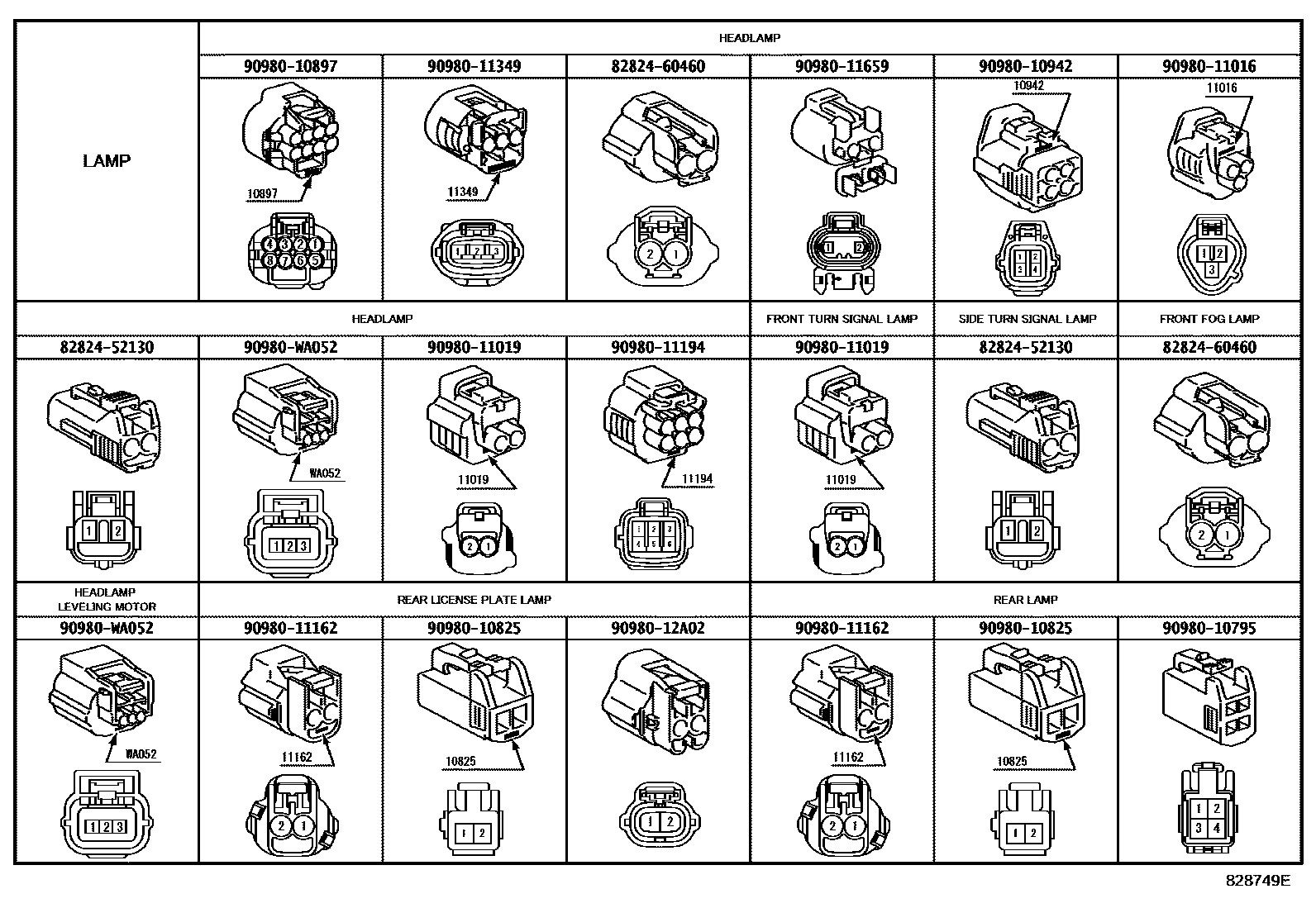 Toyota COROLLA 线束和卡夹 EPC diagram — 828749E