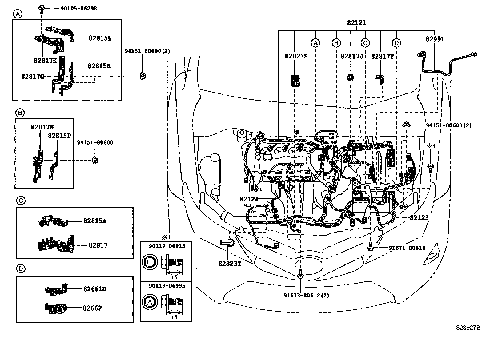 Toyota COROLLA 线束和卡夹 EPC diagram — 828927B