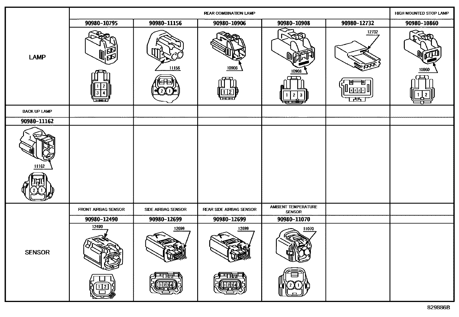 Toyota COROLLA 线束和卡夹 EPC diagram — 829886B