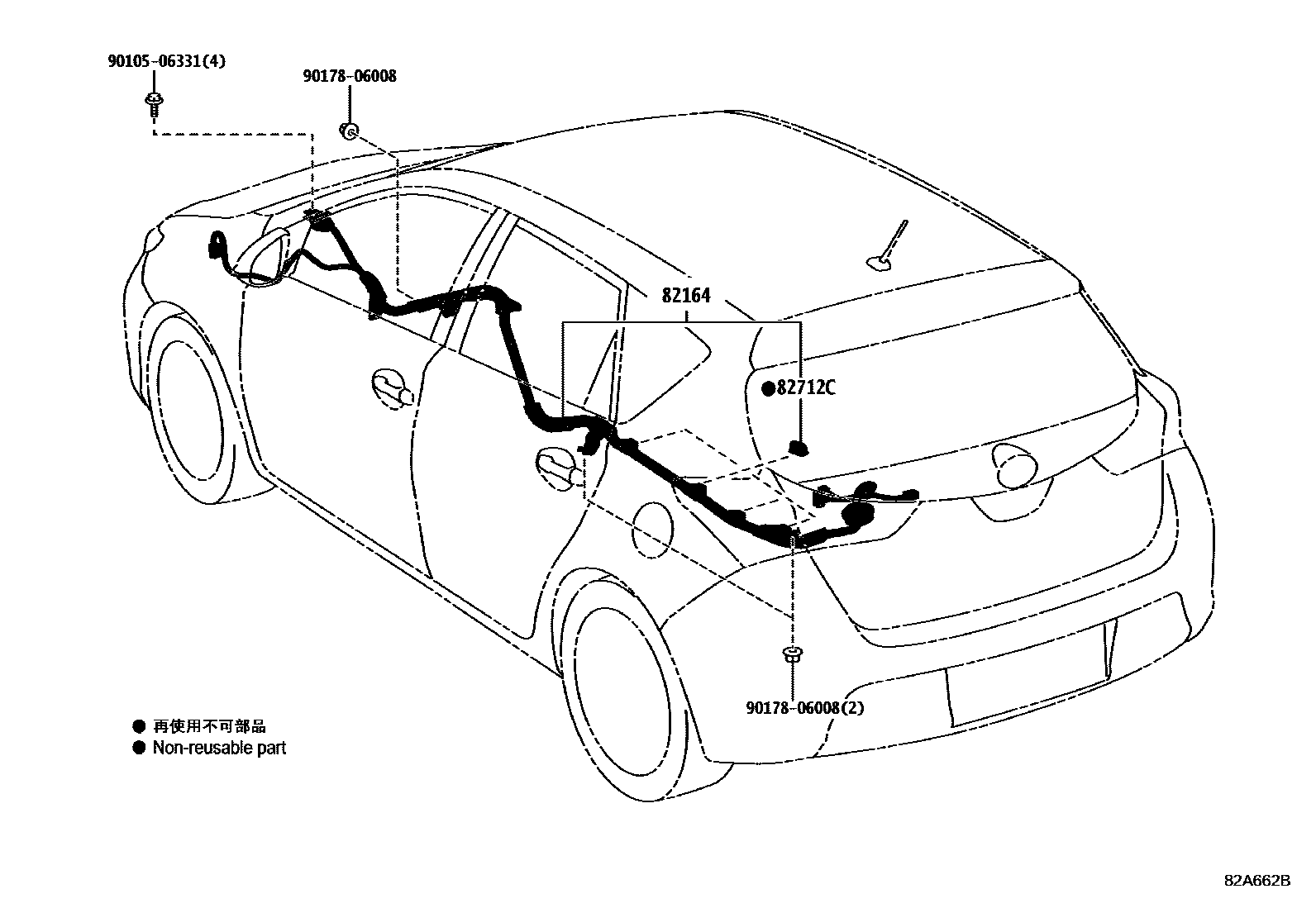 Toyota COROLLA 线束和卡夹 EPC diagram — 82A662B
