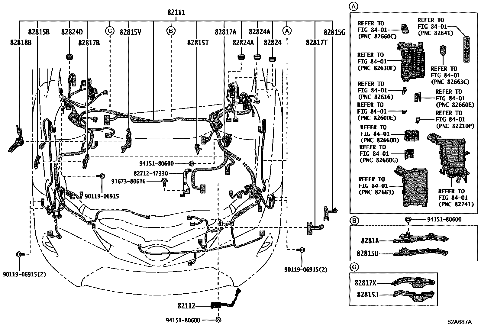 Toyota COROLLA 线束和卡夹 EPC diagram — 82A687A