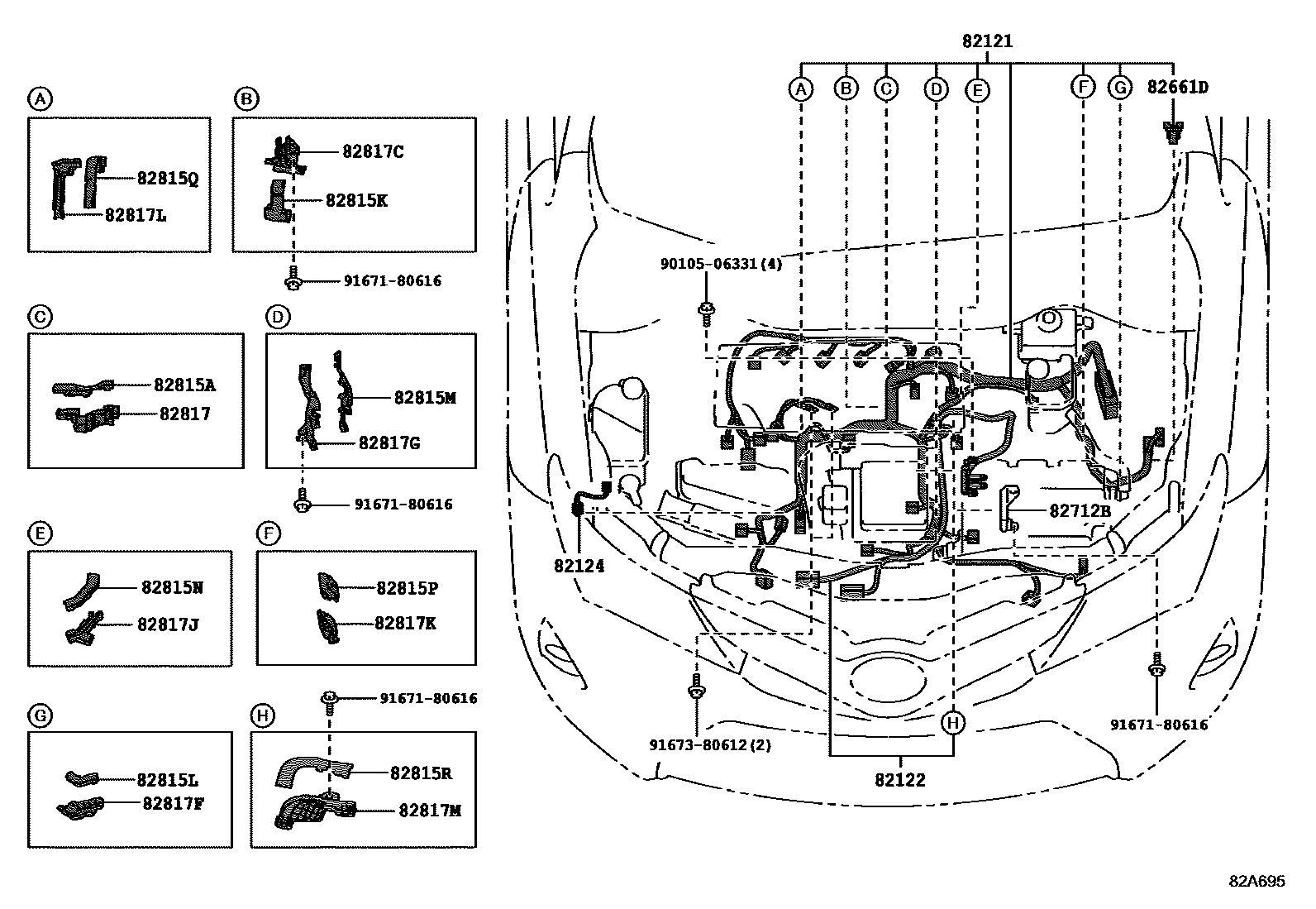Toyota COROLLA 线束和卡夹 EPC diagram — 82A695