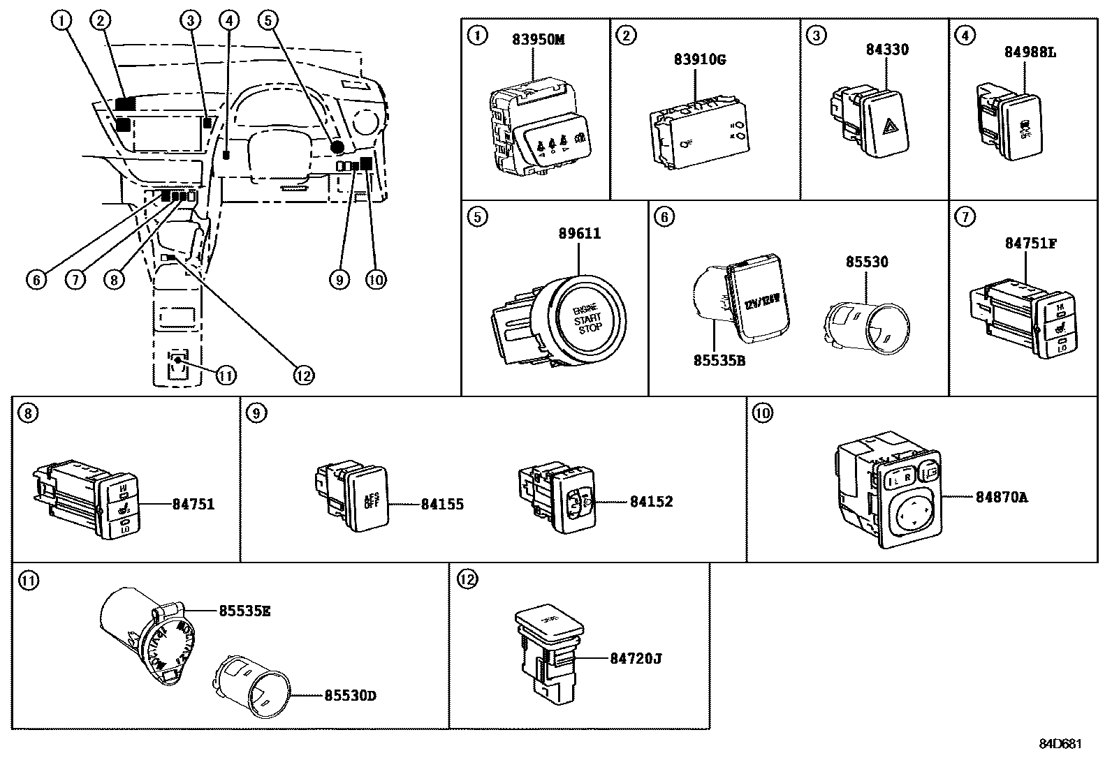 Toyota COROLLA 开关和继电器和ECU EPC diagram — 84D681