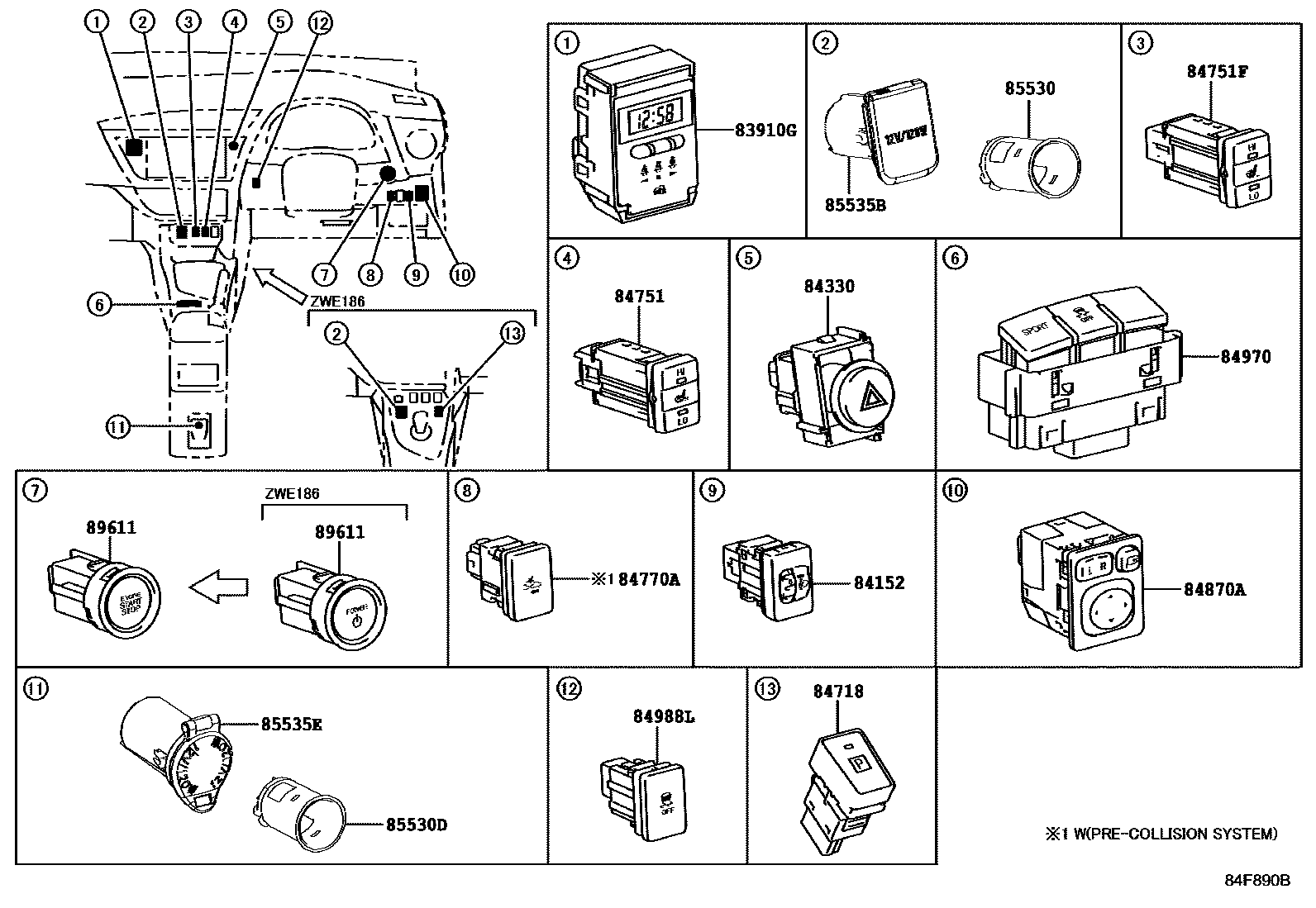 Toyota COROLLA 开关和继电器和ECU EPC diagram — 84F890B