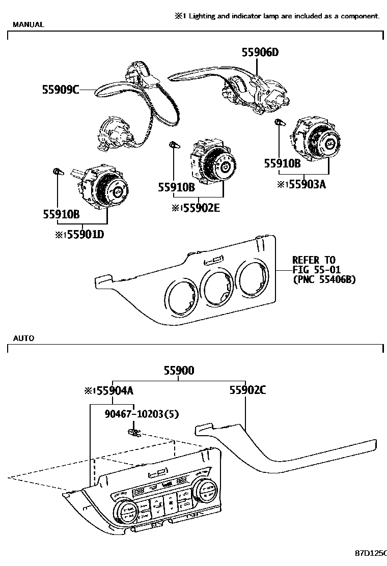 Toyota COROLLA 暖风和空调系统 - 控制器和风管 EPC diagram — 87D125C