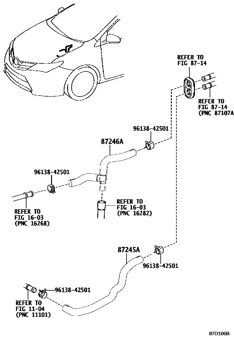 Toyota COROLLA 暖风和空调系统 - 水管 EPC diagram — 87D106B
