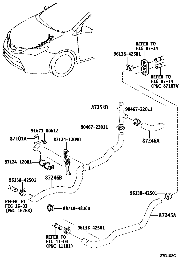 Toyota COROLLA 暖风和空调系统 - 水管 EPC diagram — 87D108C
