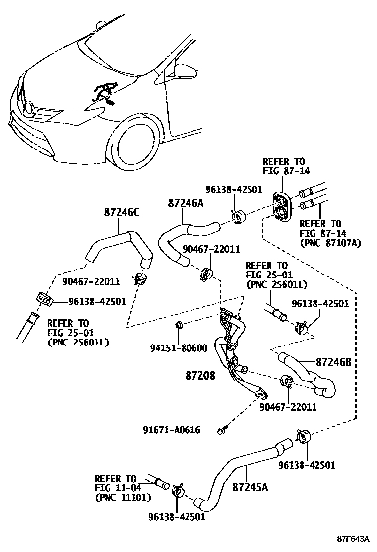 Toyota COROLLA 暖风和空调系统 - 水管 EPC diagram — 87F643A