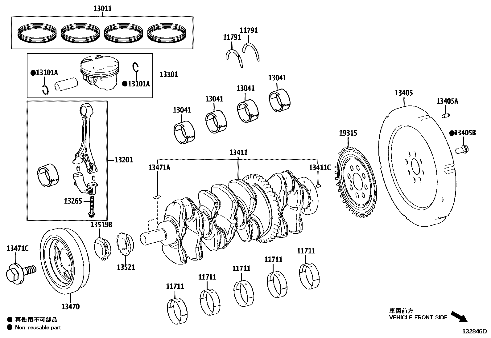 Toyota COROLLA Crankshaft & Piston EPC diagram — 132846D
